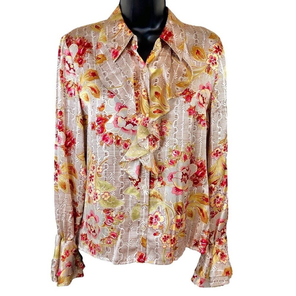 Oscar De La Renta 100% Silk Floral Ruffled Blouse